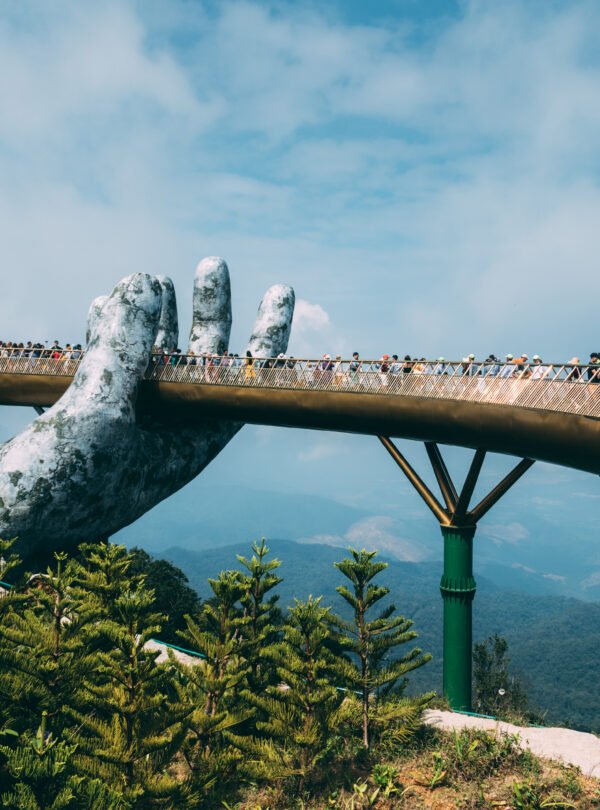 Danang, Vietnam – September 28, 2019: The Golden Bridge is lifte